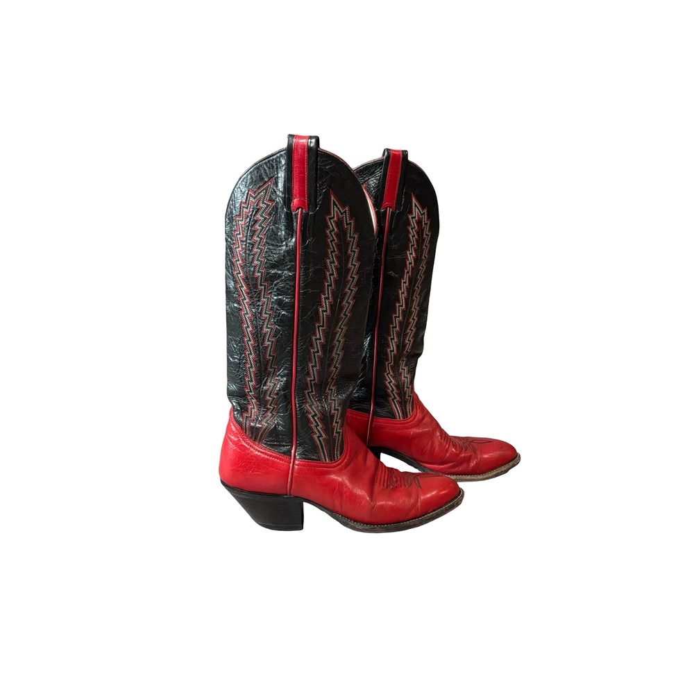 Rare Vintage Larry Mahan Red Black Leather Lightning Bolt Cowboy Boots Size 7C‎